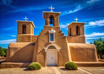 Fototapeta premium Taos Pueblo Mission Church, New Mexico: Historic Adobe Architecture, Southwestern Landscape