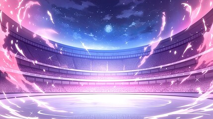 Vibrant futuristic cityscape with glowing neon lights and dynamic energy surrounding a modern stadium under a starry night sky du dusk