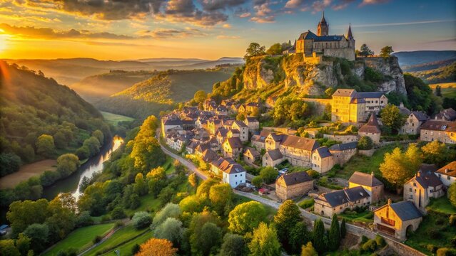 Terrasson Dordogne:  Picturesque French Village Landscape at Sunset