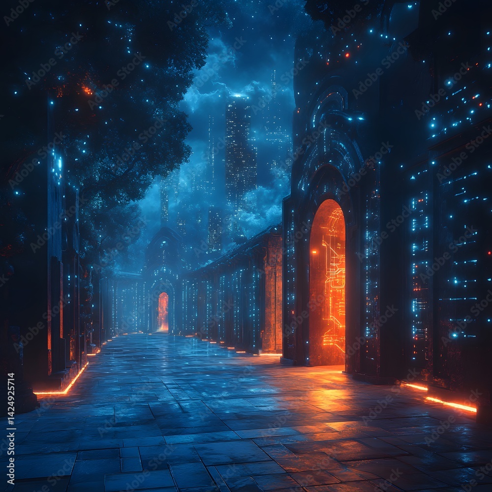 Aufkleber A digital painting of a futuristic city alley at night, glowing with neon lights and mysterious architecture. Futuristic Technology Backgrounds Pathways of Secure Data Streams Gateway