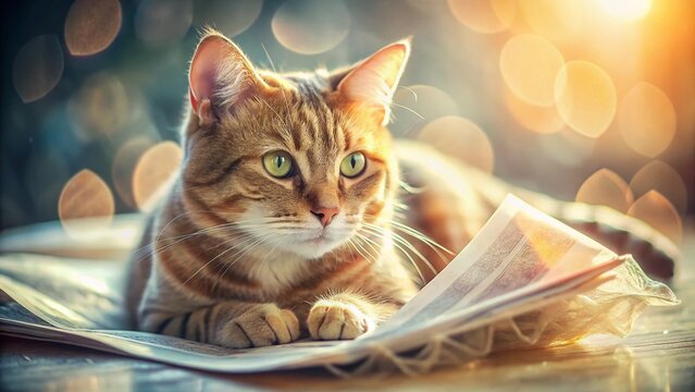 Thoughtful Cat Reading Cats Life Magazine - Double Exposure Stock Photo