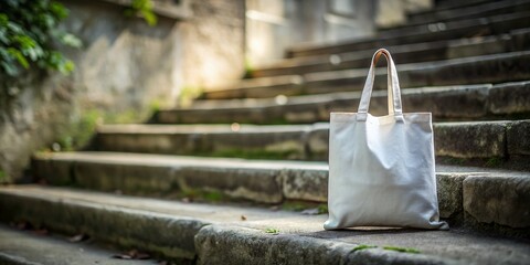 Obraz premium Tilt-Shift Photo of White Canvas Tote Bag on Concrete Steps - Minimalist Style