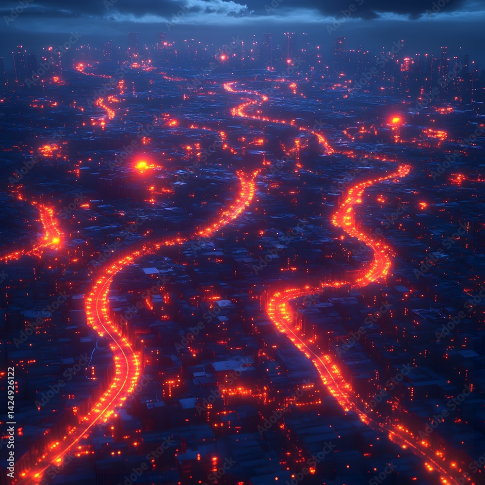 Poster aerial shot of a city at night, roads glowing with red lights. futuristic technology backgrounds abs