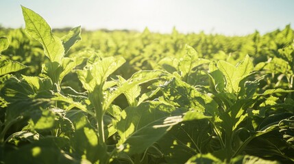Obraz premium Cultivating greenery tobacco plants in a sunny field nature photography agriculture landscape wide-angle view growth concept