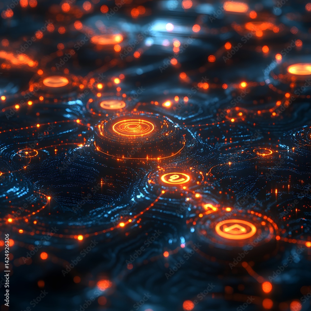 Poster a vibrant digital landscape with glowing nodes and connections. represents futuristic technology or 