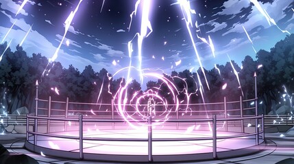 Futuristic energy vortex emitting lightning storms with vibrant purple and blue lightning strikes encircling a glowing portal on a platform in a mystical forest scene