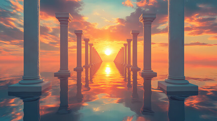 Naklejka premium Serene digital art depicting a pathway of pillars leading to a radiant sunset reflected in a tranquil, mirrored water. ideal for concepts of peace, journey, or future. Mirrored Pillar. Illustration