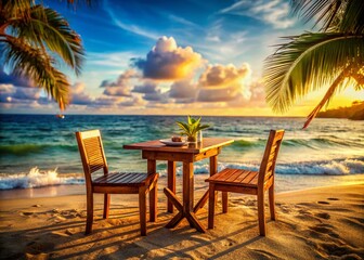 Tropical Beach Wooden Table Setting: Relaxing Summer Vacation Scene