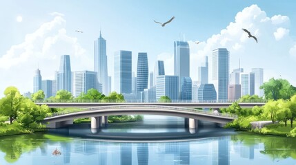 Modern cityscape with a serene river and bridge.