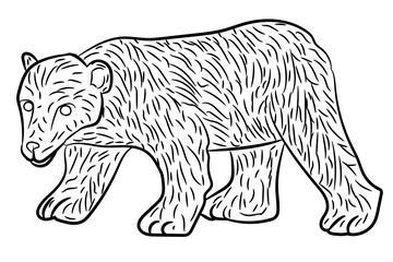 Realistic black and white illustration of a polar bear walking. Coloring activity page