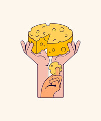 Cartoon illustration three hands interacting with a large wheel of cheese. Two hands hold the cheese aloft while a third hand reaches up to grab a slice in cartoon hand drawn style