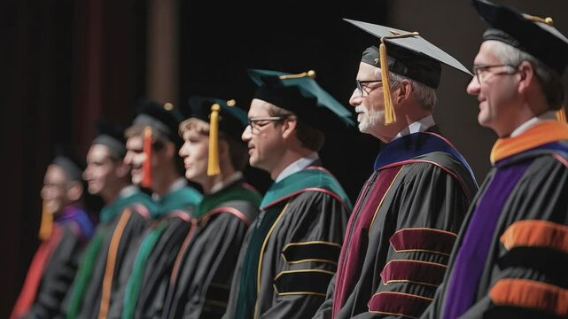 Academic procession: A line of graduates in academic regalia, their faces showing pride and accomplishment, stand in a row during a commencement ceremony.