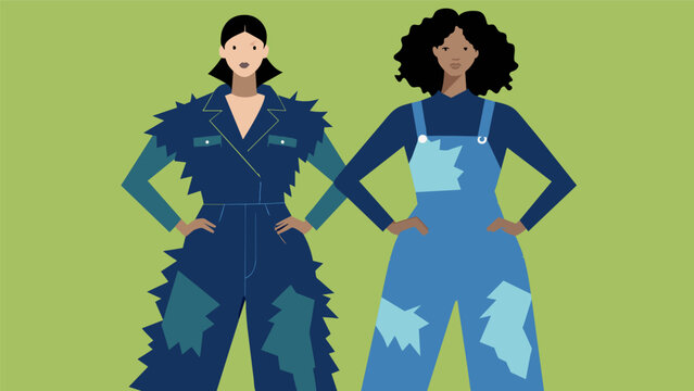 A duo of models sport chic jumpsuits made from repurposed denim jeans complete with frayed edges and strategically p pockets.. Vector illustration
