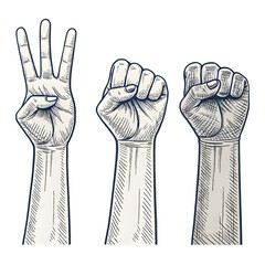 Three Hands Showing Rock, Paper, Scissors: A Hand-Drawn Illustration on transparent background