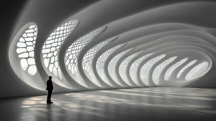 Modern architectural interior, empty hall with unique windows