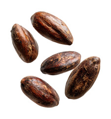 Obraz premium Raw Organic Cacao Beans Floating Dark Brown Natural Chocolate Making Ingredients Whole Cocoa Pods Fresh Harvest Isolated on Transparent and White Background
