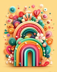 Fototapeta premium Colorful abstract design featuring layered rainbows and decorative elements. isolated illustration on solid pastel plain
