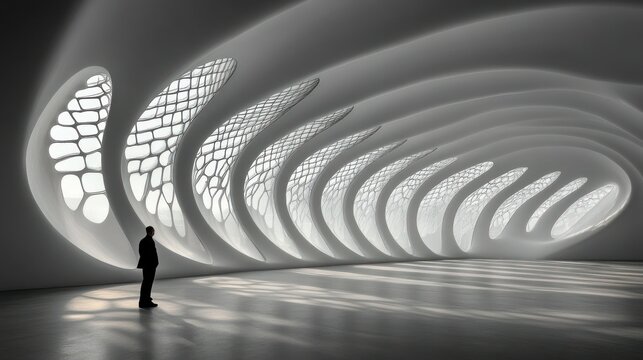 Modern architectural interior, empty hall with unique windows