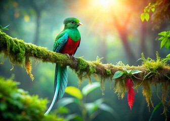Vibrant Quetzal Bird on Ancient Tree Branch - Bokeh Background Stock Photo