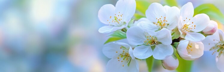 Obraz premium A close-up of delicate white cherry blossoms set against a soft blue background, symbolizing spring's beauty and tranquility. Perfect for nature-themed projects.