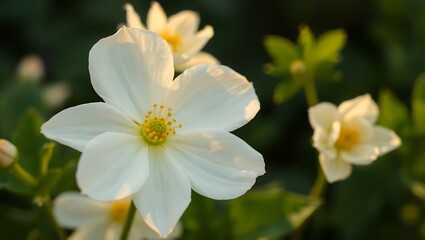 Obraz premium White anemone flowers bloom with yellow centers against a green foliage background.