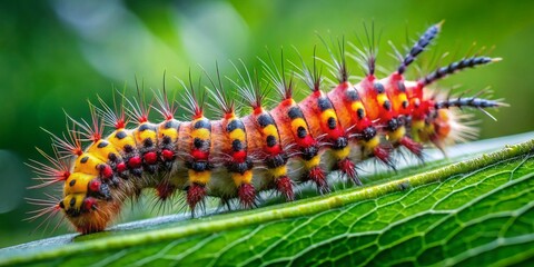 Vibrant Ruby Tiger Moth Caterpillar on Lush Green Leaf - Stock Photo