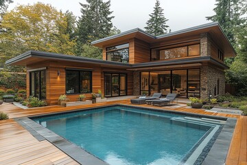 Fototapeta premium Modern wooden house with a pool and spacious backyard in Washington state, USA. Luxury home with contemporary design.