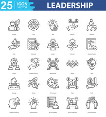 Leadership icon sheet vector growth, goal, idea, balance, diagram, chat, calculator, leader, decision, business report, leader, problem solving, networking, rating, idea, strategy, rocket, performance
