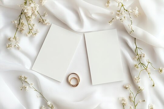 Wedding invitation mockup with rings and flowers on silk.