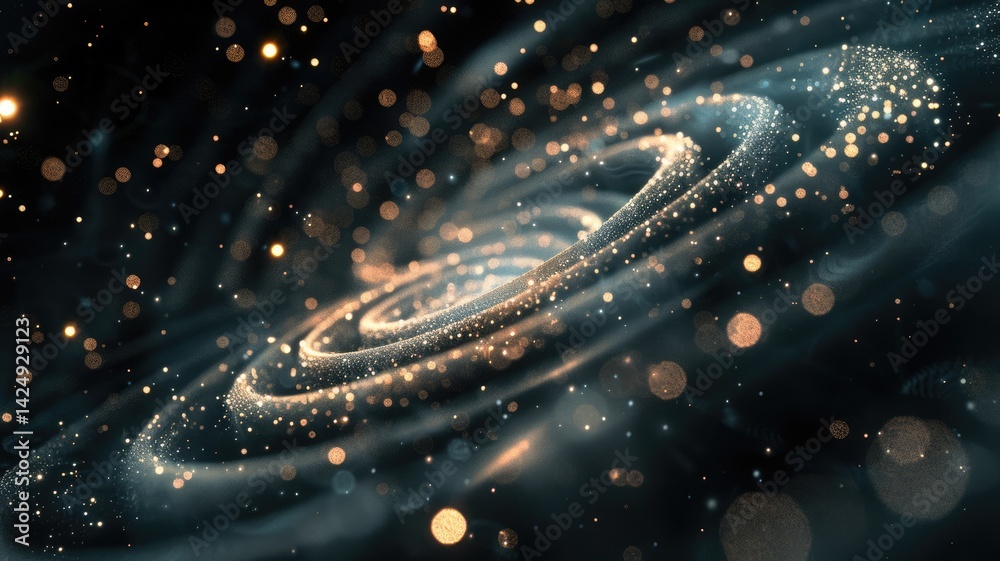Poster sparse with spiraling trail of particles glowing dots setting against dark background in depth and m