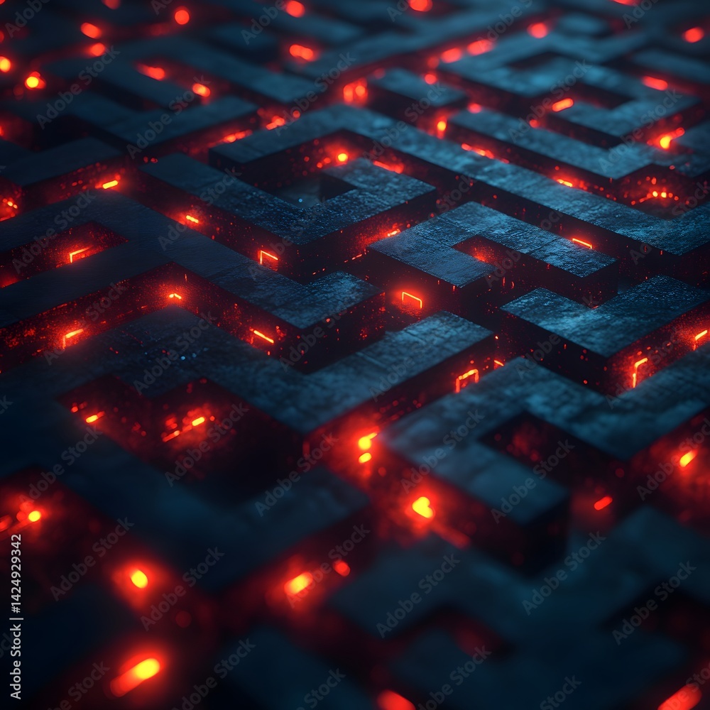 Fototapete a mesmerizing digital maze with glowing red lights against a dark blue background. abstract art repr