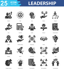 Leadership icon sheet vector growth, goal, idea, balance, diagram, chat, calculator, leader, decision, business report, leader, problem solving, networking, rating, idea, strategy, rocket, performance