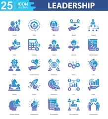 Leadership icon sheet vector growth, goal, idea, balance, diagram, chat, calculator, leader, decision, business report, leader, problem solving, networking, rating, idea, strategy, rocket, performance