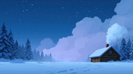 A tranquil winter scene featuring a cozy cabin surrounded by snow-covered trees under a starry sky with a gentle plume of smoke rising from the chimney.