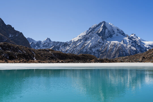 A beautiful lake and mountain landscape view with a clear blue sky background in the Himalayas