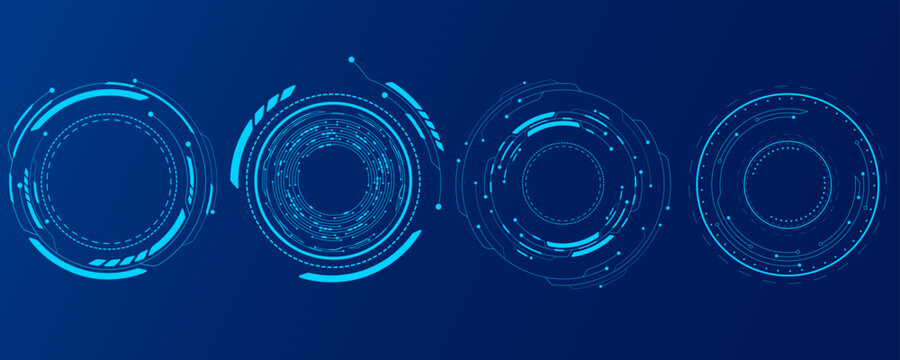 HUD circles set with electronics details on blue background for your tech design. Digital technology elements. Futuristic round frames. Vector illustration