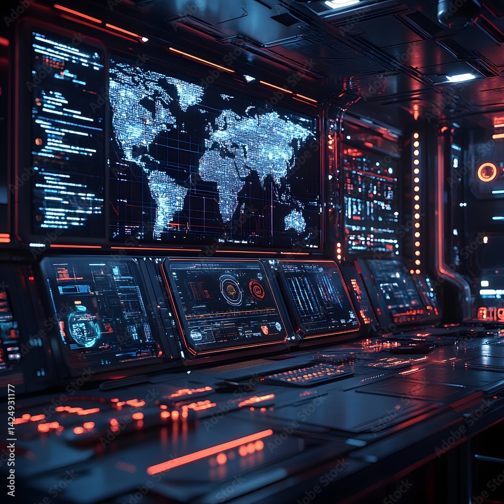Poster Futuristic control room with global network monitoring displays. Red and blue lighting enhance the tech feel. Futuristic Technology Backgrounds Global Network Monitoring Station