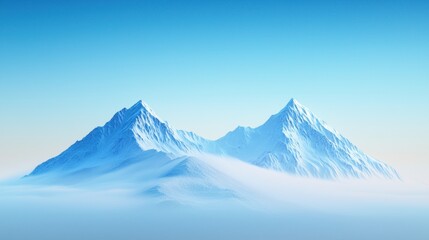 A serene mountain landscape with towering peaks emerging from a soft blanket of fog against a clear blue sky.