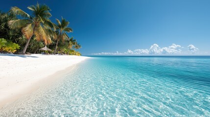 Fototapeta premium A serene tropical beach with clear turquoise water, white sand, and swaying palm trees under a bright blue sky.