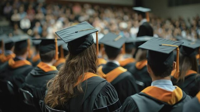 The Graduation Ceremony: A sea of black gowns and golden tassels, a captivating back-view perspective of students filled with anticipation and excitement, ready for a new chapter.