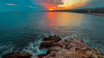 French Riviera. Sunset on the Promenade des Anglais in Nice, Provence-Alpes-Cote d'Azur, France
