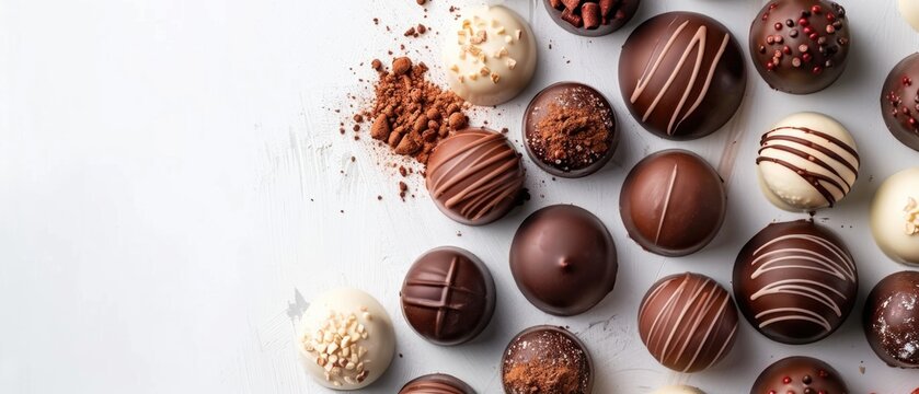 Assorted chocolates and truffles on a dark textured background. Flat lay composition with copy space. Top down aerial view of chocolate ball or chocolate with vibrant color background. Sweet. AIG55.