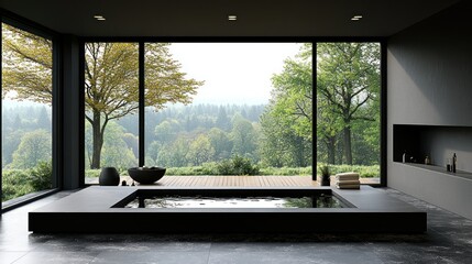 Fototapeta premium Modern minimalist bathroom with panoramic forest view