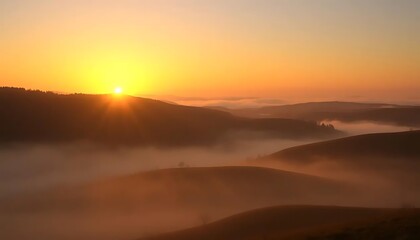 Tranquil sunrise over misty undulating hills showcasing nature's serene beauty
