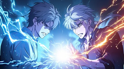 Dynamic anime style illustration of two male characters with intense expressions surrounded by lightning and energy effects in a high action scene