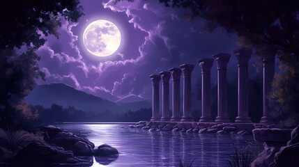 Serene scene of ancient columns by water purple moonlit sky evokes sense of tranquility. Moonlit Pillar. Illustration