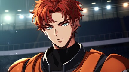 Artistic anime style male character with striking blue eyes and fiery red hair in a sports arena wea black and orange sportswear with intense expression