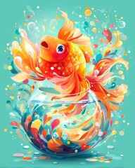 Obraz premium Vibrant goldfish swimming in a colorful, whimsical fishbowl. isolated illustration on solid pastel plain