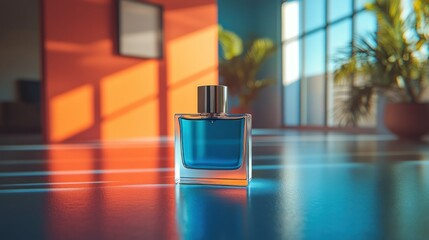Fototapeta premium Modern perfume bottle on a reflective surface in a sunlit room
