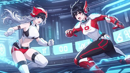 Futuristic digital art of two anime-style female characters in action poses with sci-fi helmets and outfits in a high-tech neon-lit environment
